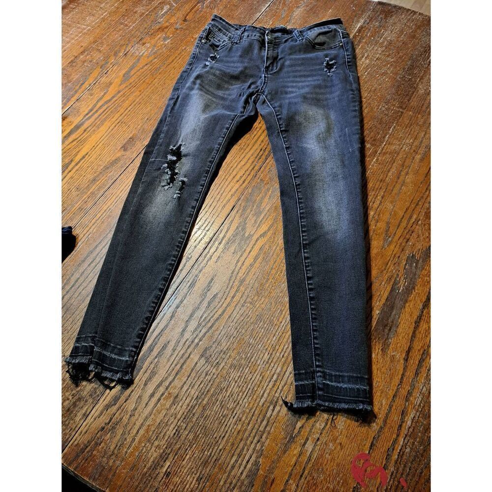 Sz 7 Wax Jean Los Angeles Black Distressed Raw Hem Skinny Denim Jeans Destroyed